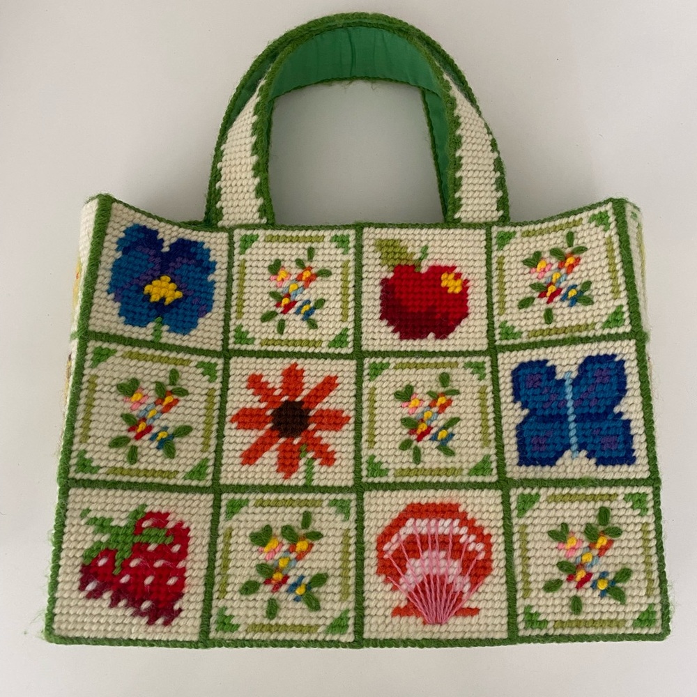 Vintage Rare Design Nature Handmade Needle Point Purse Cream And Green Patchwork - Picture 8 of 8